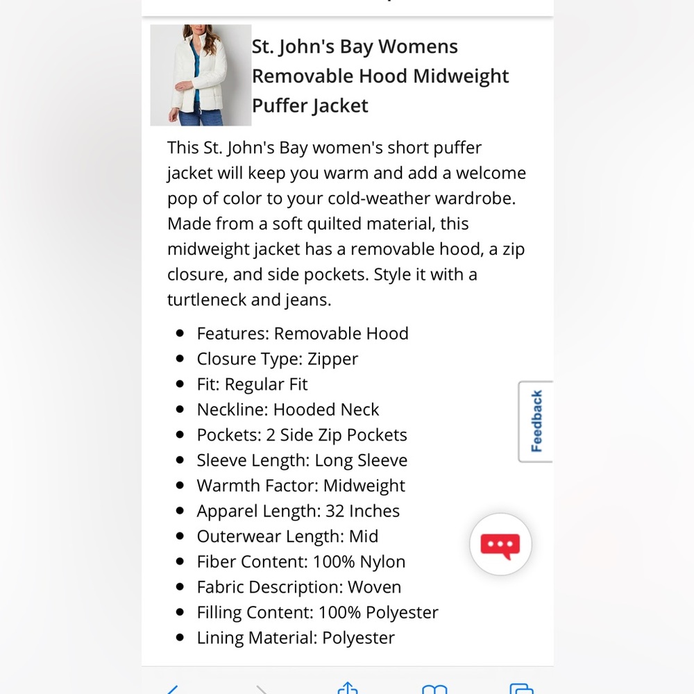 St. John's Bay Womens Removable Hood Mid weight Puffer Jacket Ivory M - Picture 3 of 7